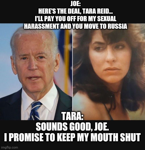 JOE:
HERE'S THE DEAL, TARA REID...
I'LL PAY YOU OFF FOR MY SEXUAL HARASSMENT AND YOU MOVE TO RUSSIA TARA:
SOUNDS GOOD, JOE.
I PROMISE TO KEE | made w/ Imgflip meme maker