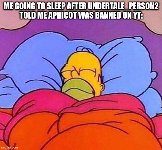 Yippee! | ME GOING TO SLEEP AFTER UNDERTALE_PERSON2 TOLD ME APRICOT WAS BANNED ON YT: | image tagged in homer simpson sleeping peacefully | made w/ Imgflip meme maker
