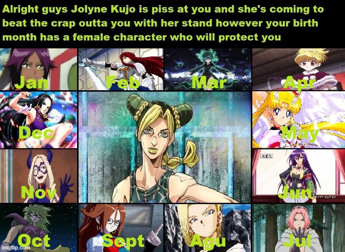 Your birth month will protect you from Jolyne Kujo | image tagged in jolyne kujo,birth month | made w/ Imgflip meme maker