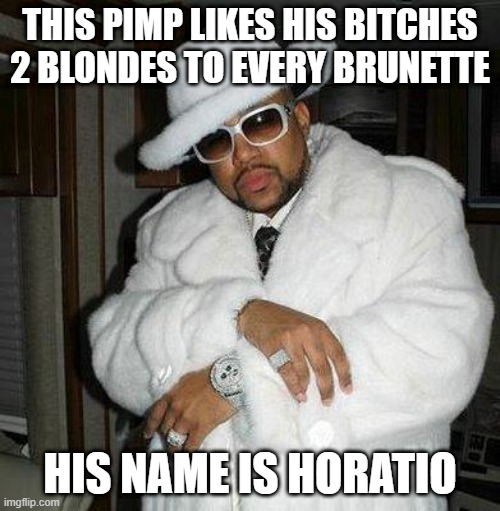 Another Pimp Joke | THIS PIMP LIKES HIS BITCHES 2 BLONDES TO EVERY BRUNETTE; HIS NAME IS HORATIO | image tagged in pimp c | made w/ Imgflip meme maker