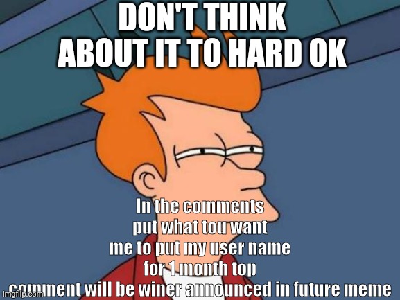 I will its a deal most upvoted comment will win | DON'T THINK ABOUT IT TO HARD OK; In the comments put what tou want me to put my user name for 1 month top comment will be winer announced in future meme | image tagged in memes,futurama fry | made w/ Imgflip meme maker