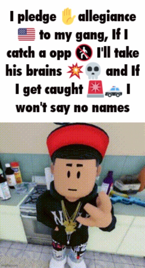 I pledge of allegiance ?✋?to my gang ,if I catch a opp I’ll take his brains ?? ❌,and if I get caught ?‍♀️?‍♂️??‍♂️,I won’t say n | image tagged in funny,memes,roblox | made w/ Imgflip meme maker