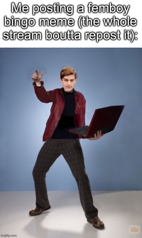 Matpat Laptop | Me posting a femboy bingo meme (the whole stream boutta repost it): | image tagged in matpat laptop | made w/ Imgflip meme maker