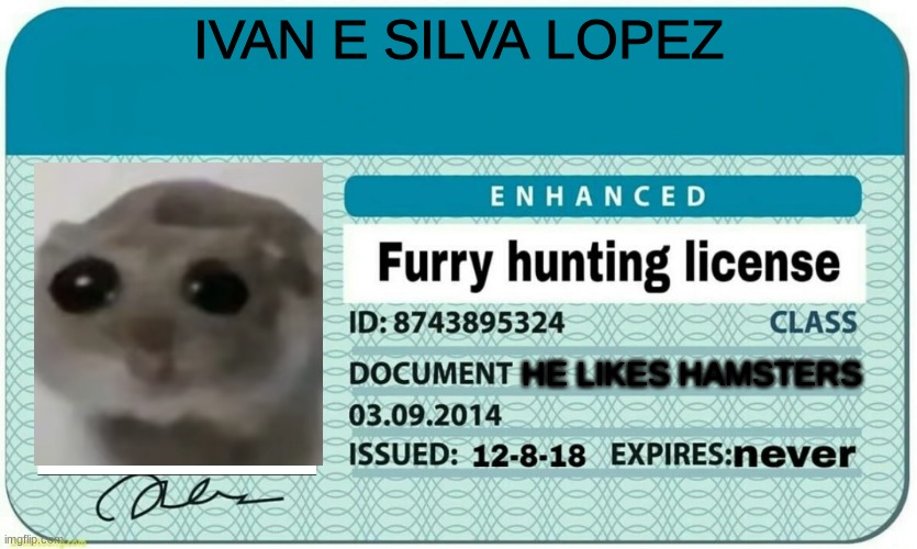 me | IVAN E SILVA LOPEZ; HE LIKES HAMSTERS | image tagged in furry hunting license | made w/ Imgflip meme maker