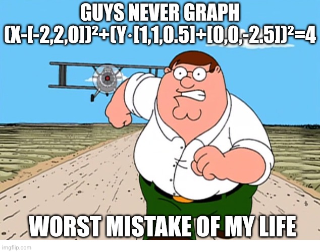 NEVER graph this | GUYS NEVER GRAPH
(X-[-2,2,0])²+(Y·[1,1,0.5]+[0,0,-2.5])²=4; WORST MISTAKE OF MY LIFE | image tagged in peter griffin running away | made w/ Imgflip meme maker