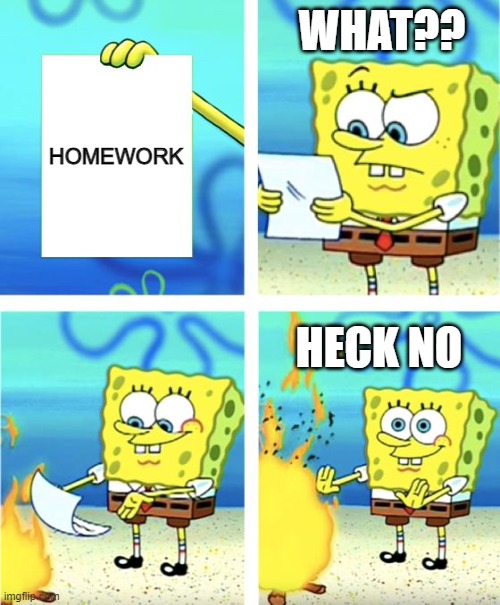homework is pointlessss | WHAT?? HOMEWORK; HECK NO | image tagged in spongebob burning paper | made w/ Imgflip meme maker