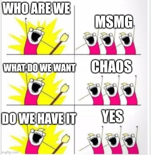 Who are we? (Better textboxes) | WHO ARE WE; MSMG; CHAOS; WHAT DO WE WANT; YES; DO WE HAVE IT | image tagged in who are we better textboxes | made w/ Imgflip meme maker