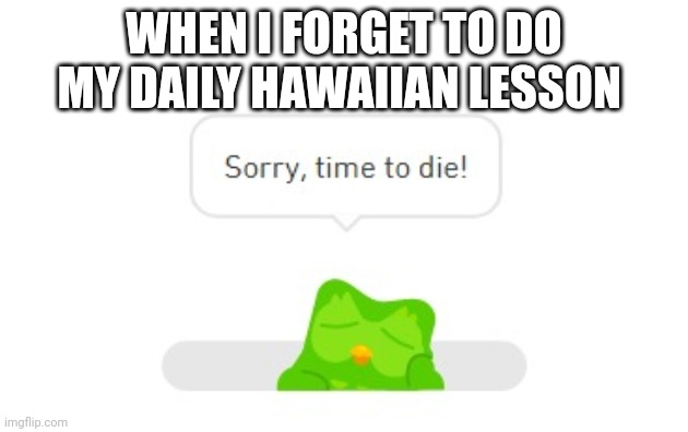 Still haven't died yet!!! | WHEN I FORGET TO DO MY DAILY HAWAIIAN LESSON | image tagged in duolingo death,hawaiian | made w/ Imgflip meme maker