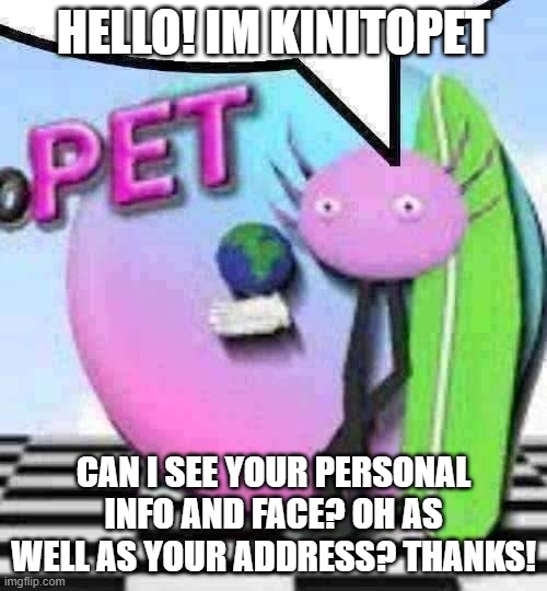 kinito speech bubble | HELLO! IM KINITOPET; CAN I SEE YOUR PERSONAL INFO AND FACE? OH AS WELL AS YOUR ADDRESS? THANKS! | image tagged in kinito speech bubble | made w/ Imgflip meme maker