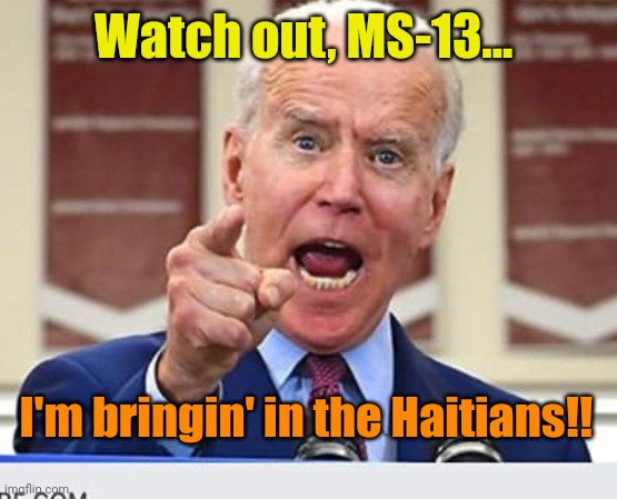 You KNOW it's coming. | Watch out, MS-13... I'm bringin' in the Haitians!! | image tagged in joe biden no malarkey | made w/ Imgflip meme maker