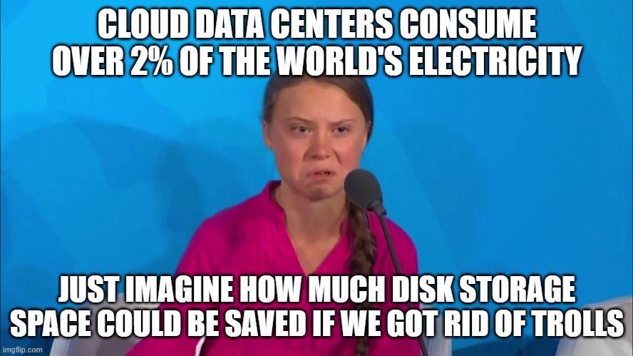 "How dare you?" - Greta Thunberg | CLOUD DATA CENTERS CONSUME OVER 2% OF THE WORLD'S ELECTRICITY; JUST IMAGINE HOW MUCH DISK STORAGE SPACE COULD BE SAVED IF WE GOT RID OF TROLLS | image tagged in how dare you - greta thunberg | made w/ Imgflip meme maker
