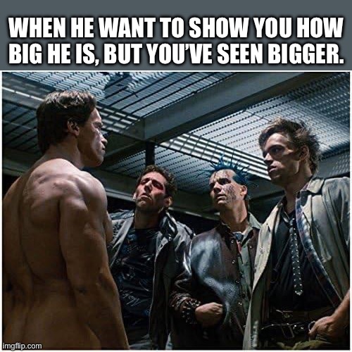 Show Off. | WHEN HE WANT TO SHOW YOU HOW BIG HE IS, BUT YOU’VE SEEN BIGGER. | image tagged in naked terminator | made w/ Imgflip meme maker