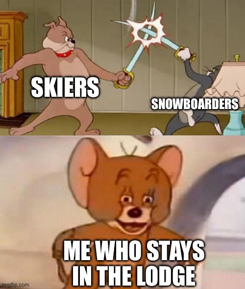 I hate skiing and snowboarding | SKIERS; SNOWBOARDERS; ME WHO STAYS IN THE LODGE | image tagged in tom and jerry swordfight | made w/ Imgflip meme maker
