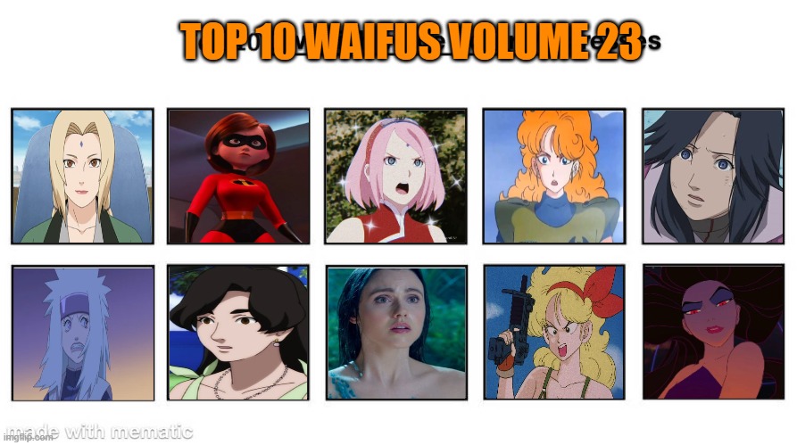 top 10 waifus volume 23 | TOP 10 WAIFUS VOLUME 23 | image tagged in top 10 swedish voice actors/actresses,naruto,the incredibles,dragon ball z,waifu,the little mermaid | made w/ Imgflip meme maker