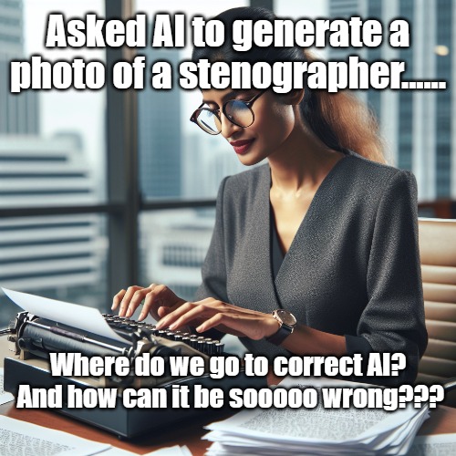Not a stenographer | Asked AI to generate a photo of a stenographer...... Where do we go to correct AI?  And how can it be sooooo wrong??? | image tagged in artificial intelligence,court,wrong,lawyers,lawsuit | made w/ Imgflip meme maker