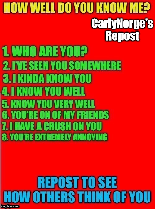 Have any of you seen me before? | CarlyNorge's Repost | image tagged in how well do you know me | made w/ Imgflip meme maker