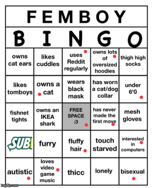 I guess I’m safe. | image tagged in femboy bingo | made w/ Imgflip meme maker