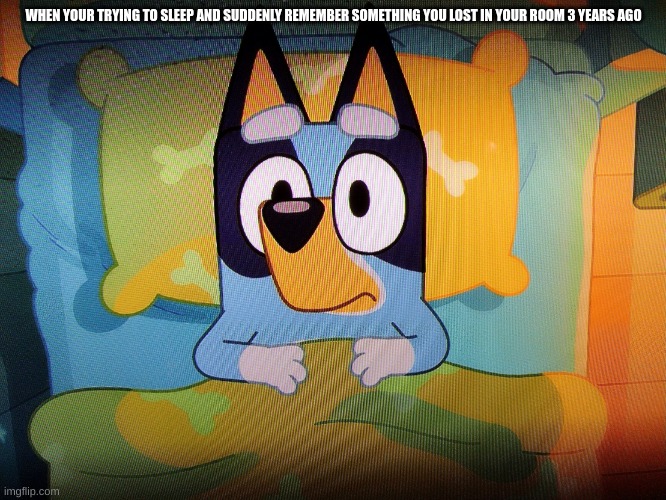 Bluey in bed | WHEN YOUR TRYING TO SLEEP AND SUDDENLY REMEMBER SOMETHING YOU LOST IN YOUR ROOM 3 YEARS AGO | image tagged in bluey in bed | made w/ Imgflip meme maker