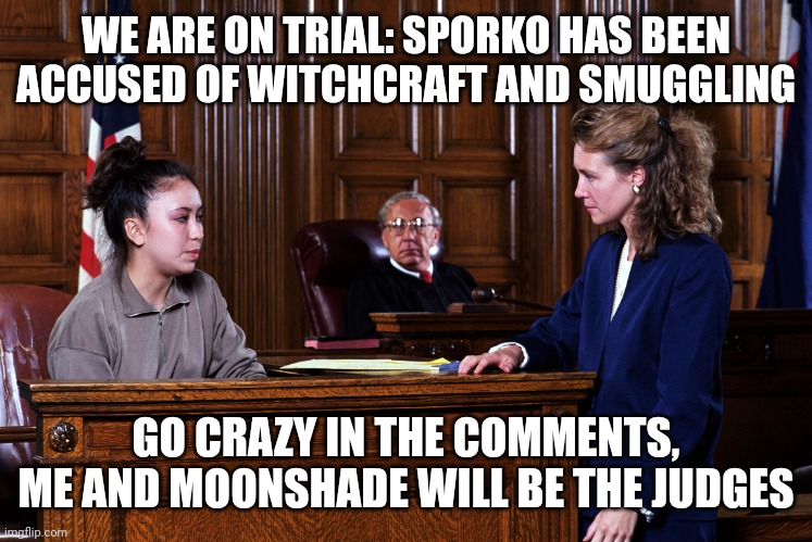 First comment will be the third judge | WE ARE ON TRIAL: SPORKO HAS BEEN ACCUSED OF WITCHCRAFT AND SMUGGLING; GO CRAZY IN THE COMMENTS, ME AND MOONSHADE WILL BE THE JUDGES | image tagged in courtroom | made w/ Imgflip meme maker