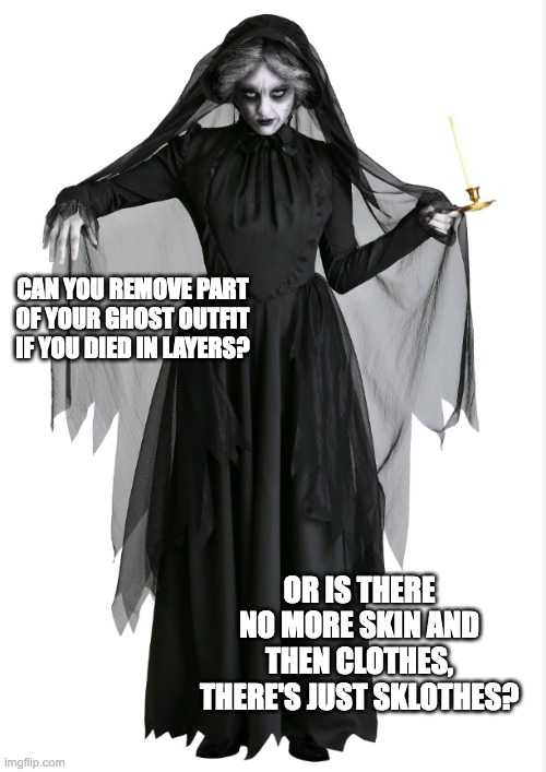 sklothes | CAN YOU REMOVE PART OF YOUR GHOST OUTFIT IF YOU DIED IN LAYERS? OR IS THERE NO MORE SKIN AND THEN CLOTHES, THERE'S JUST SKLOTHES? | image tagged in ghost,fashion | made w/ Imgflip meme maker