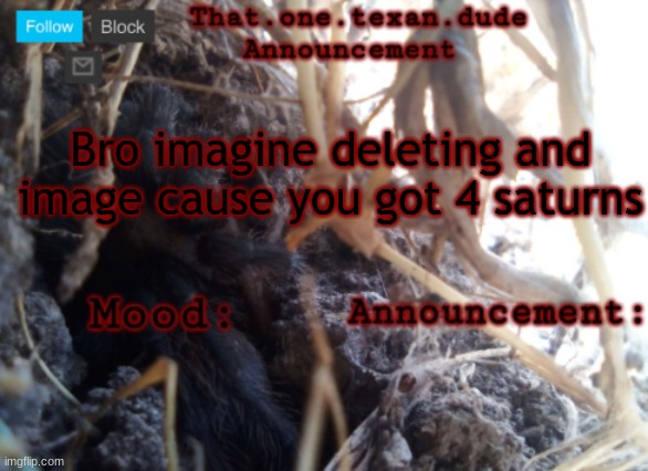THE that.one.texan.dude announcement template | Bro imagine deleting and image cause you got 4 saturns | image tagged in the that one texan dude announcement template | made w/ Imgflip meme maker