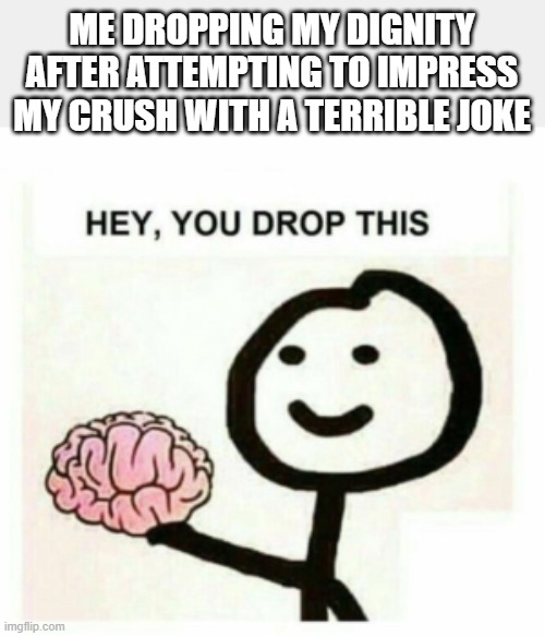 How relatable | ME DROPPING MY DIGNITY AFTER ATTEMPTING TO IMPRESS MY CRUSH WITH A TERRIBLE JOKE | image tagged in hey you drop this | made w/ Imgflip meme maker