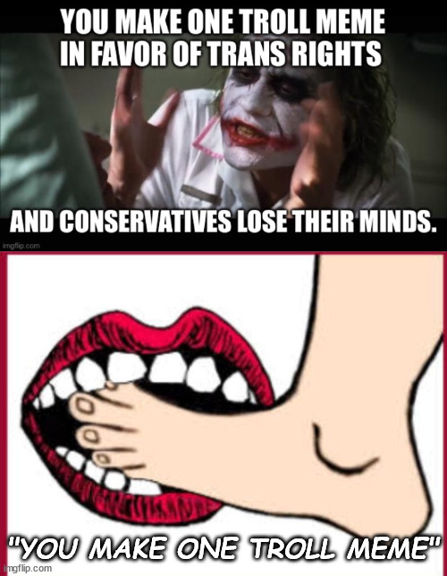 "You make one troll meme"...  Good one... | "YOU MAKE ONE TROLL MEME" | image tagged in foot in mouth,the truth slipped | made w/ Imgflip meme maker