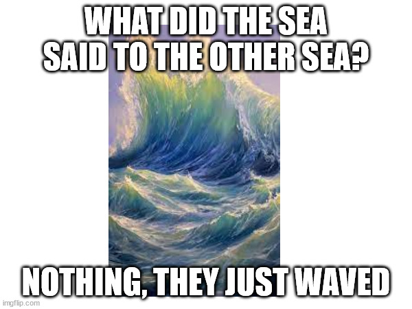 oceansea | WHAT DID THE SEA SAID TO THE OTHER SEA? NOTHING, THEY JUST WAVED | image tagged in funny,joke,lol | made w/ Imgflip meme maker