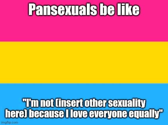 i'm not pan but this is basically what pansexuality is | Pansexuals be like; "I'm not (insert other sexuality here) because I love everyone equally" | made w/ Imgflip meme maker