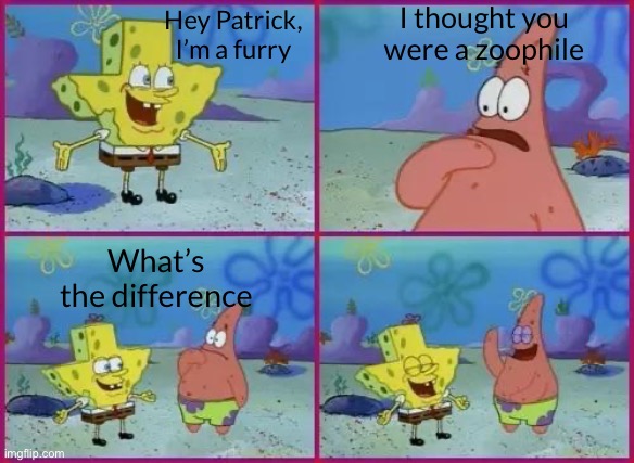Texas Spongebob | Hey Patrick, I’m a furry I thought you were a zoophile What’s the difference | image tagged in texas spongebob | made w/ Imgflip meme maker