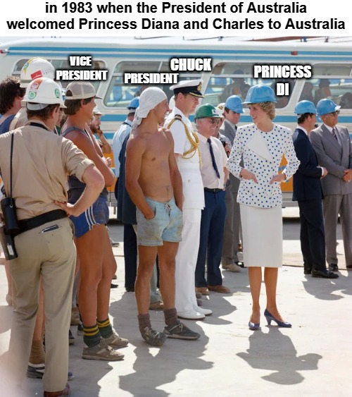 The OZ president does not have to wear a hard hat | in 1983 when the President of Australia welcomed Princess Diana and Charles to Australia; PRESIDENT; VICE
 PRESIDENT; CHUCK; PRINCESS
DI | image tagged in beejeeper | made w/ Imgflip meme maker