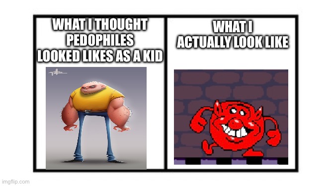 Fr tho | WHAT I ACTUALLY LOOK LIKE; WHAT I THOUGHT PED0PHILES LOOKED LIKES AS A KID | image tagged in two boxes | made w/ Imgflip meme maker