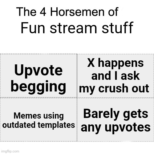 This is prolly why msmg hates the stream so much | Fun stream stuff; Upvote begging; X happens and I ask my crush out; Memes using outdated templates; Barely gets any upvotes | image tagged in four horsemen,yogurt,bich | made w/ Imgflip meme maker