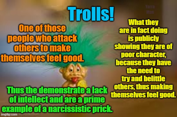 Trolls | What they are in fact doing is publicly showing they are of poor character, because they have the need to try and belittle others, thus making themselves feel good. One of those people who attack others to make themselves feel good. Yarra Man; Trolls! Thus the demonstrate a lack of intellect and are a prime example of a narcissistic prick. | image tagged in narcissistic,lack of intellect,poser,facebook,wanker,dickhead | made w/ Imgflip meme maker