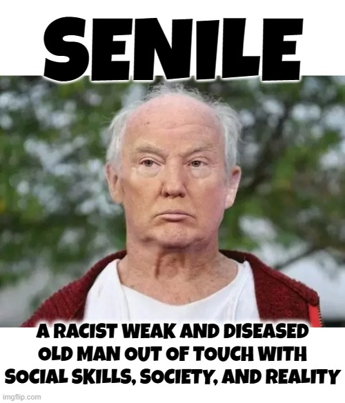 SENILE | SENILE; A RACIST WEAK AND DISEASED OLD MAN OUT OF TOUCH WITH SOCIAL SKILLS, SOCIETY, AND REALITY | image tagged in senile,old man,racist,weak,out of touch,self-absorbed | made w/ Imgflip meme maker