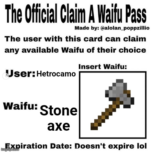 Stone axe is better than Diamond Sword. (Cam's note: The only right use of this pass here.) | Hetrocamo; Stone axe | image tagged in official claim a waifu pass | made w/ Imgflip meme maker