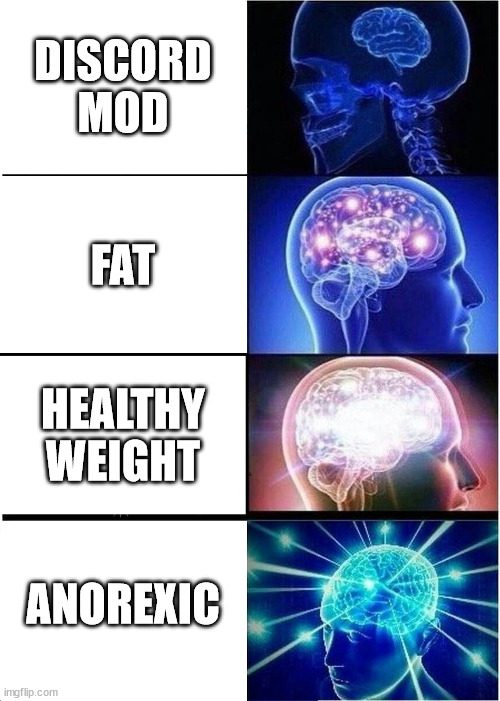How smart you are based on your weight | DISCORD MOD; FAT; HEALTHY WEIGHT; ANOREXIC | image tagged in memes,expanding brain,anorexia memes,discord mod memes | made w/ Imgflip meme maker