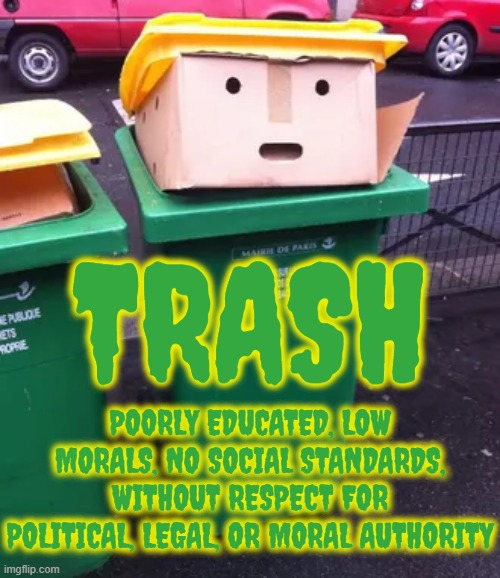 TRASH | TRASH; POORLY EDUCATED, LOW MORALS, NO SOCIAL STANDARDS, WITHOUT RESPECT FOR POLITICAL, LEGAL, OR MORAL AUTHORITY | image tagged in trash,ignorant,waste,dirtbag,no respect,no morals | made w/ Imgflip meme maker