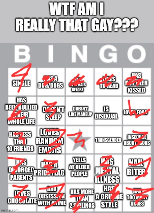 lgbt+ bingo lol | WTF AM I REALLY THAT GAY??? | image tagged in lgbt bingo lol | made w/ Imgflip meme maker