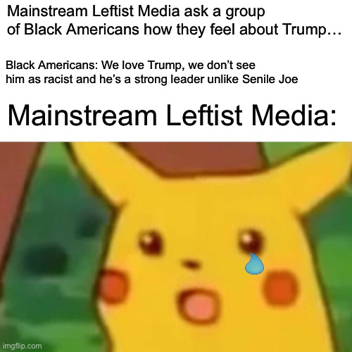 Surprised Pikachu Meme | Mainstream Leftist Media ask a group of Black Americans how they feel about Trump…; Black Americans: We love Trump, we don’t see him as racist and he’s a strong leader unlike Senile Joe; Mainstream Leftist Media: | image tagged in memes,surprised pikachu | made w/ Imgflip meme maker