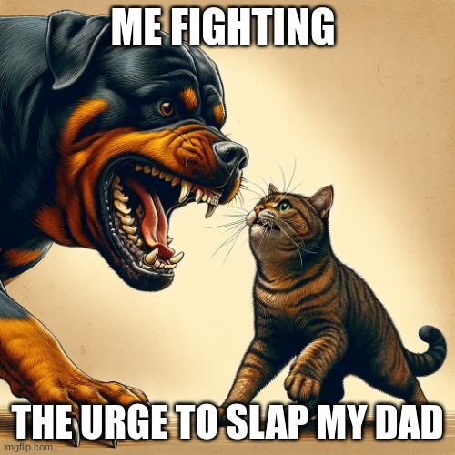 cat fighting dog | ME FIGHTING; THE URGE TO SLAP MY DAD | image tagged in cat fighting dog | made w/ Imgflip meme maker