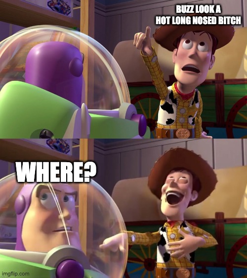 Toy Story funny scene | BUZZ LOOK A HOT LONG NOSED BITCH; WHERE? | image tagged in toy story funny scene | made w/ Imgflip meme maker