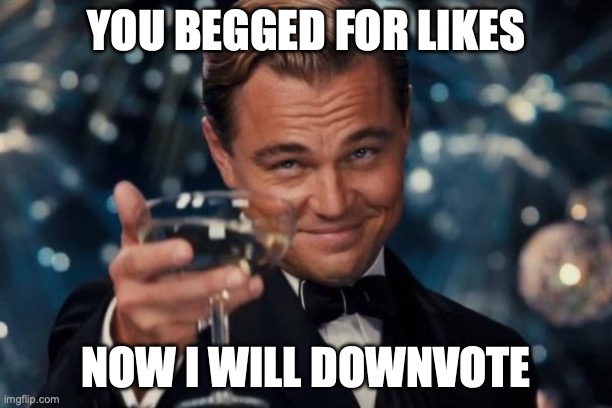 dont beg me for likes, i will downvote | YOU BEGGED FOR LIKES; NOW I WILL DOWNVOTE | image tagged in memes,leonardo dicaprio cheers | made w/ Imgflip meme maker