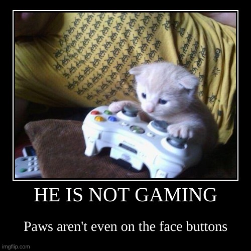 HE IS NOT GAMING | Paws aren't even on the face buttons | image tagged in funny,demotivationals | made w/ Imgflip demotivational maker