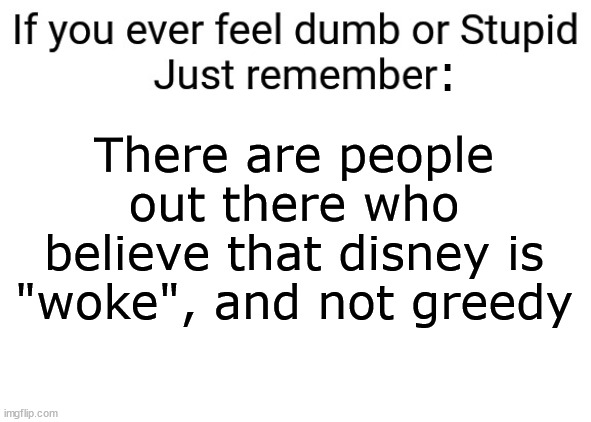 I find it so funny that people actually believe this. | :; There are people out there who believe that disney is "woke", and not greedy | image tagged in if you ever feel dumb or stupid just remember | made w/ Imgflip meme maker