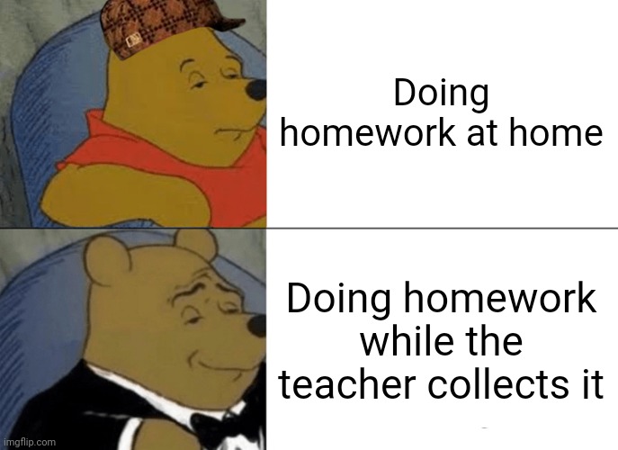 Only the gods can do this | Doing homework at home; Doing homework while the teacher collects it | image tagged in memes,tuxedo winnie the pooh,funny,lol,ohio | made w/ Imgflip meme maker