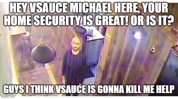 vsauce looking at camera | HEY VSAUCE MICHAEL HERE, YOUR HOME SECURITY IS GREAT! OR IS IT? GUYS I THINK VSAUCE IS GONNA KILL ME HELP | image tagged in vsauce looking at camera | made w/ Imgflip meme maker