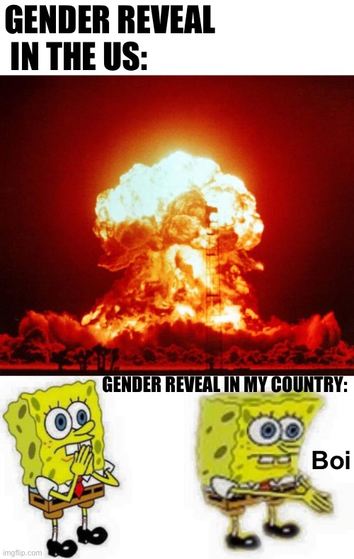 GENDER REVEAL  IN THE US:; GENDER REVEAL IN MY COUNTRY:; Boi | image tagged in nuke,spongebob inhale boi | made w/ Imgflip meme maker
