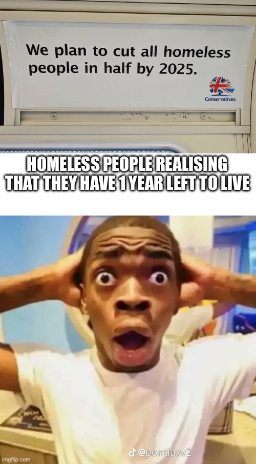 HOMELESS PEOPLE REALISING THAT THEY HAVE 1 YEAR LEFT TO LIVE | image tagged in shocked black guy | made w/ Imgflip meme maker
