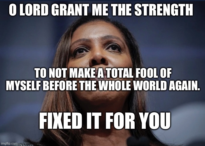 Letitia James looks up | O LORD GRANT ME THE STRENGTH TO NOT MAKE A TOTAL FOOL OF MYSELF BEFORE THE WHOLE WORLD AGAIN. FIXED IT FOR YOU | image tagged in letitia james looks up | made w/ Imgflip meme maker